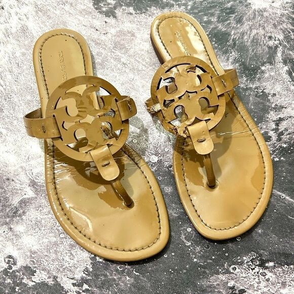 Tory Burch Miller Patent Leather Tan Sandals DAMAGED SIZE 8 1/2 - Picture 1 of 7